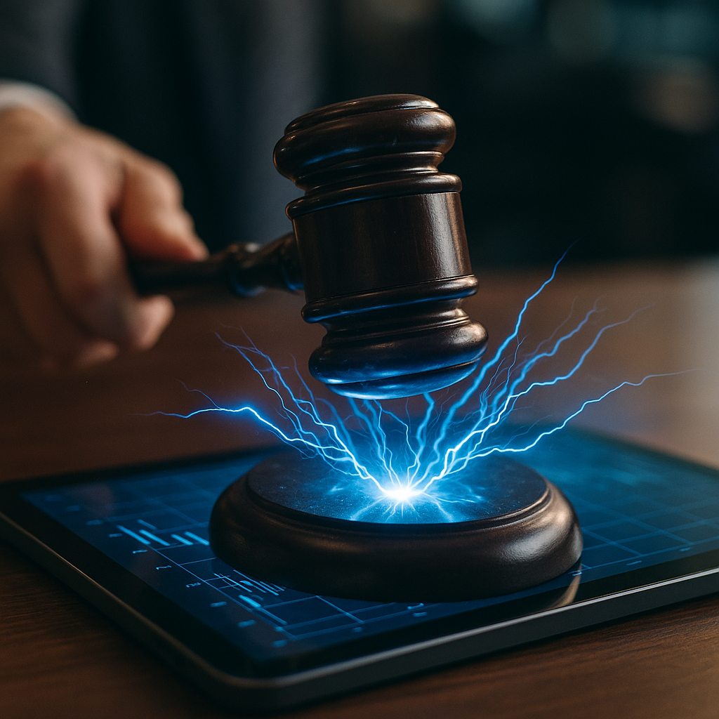 a courtroom gavel striking sparks of electric blue energy over a digital ledger