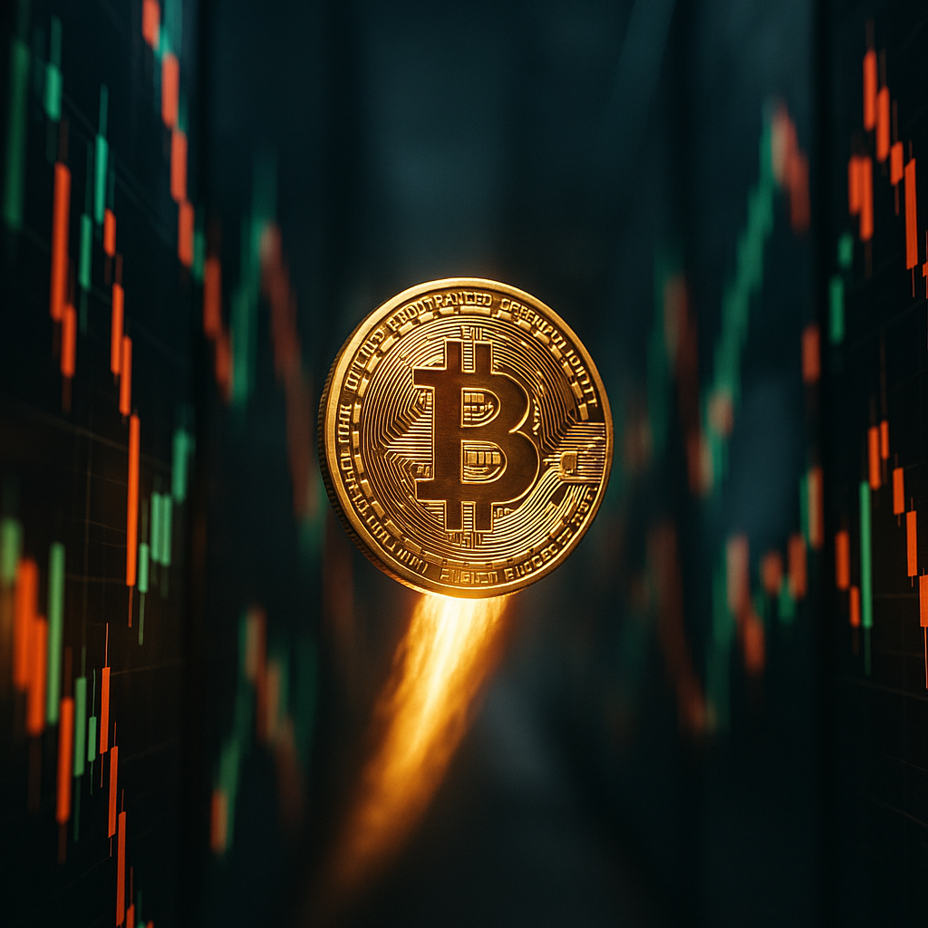 a glowing golden bitcoin rocketing through a neon-lit canyon of price candles