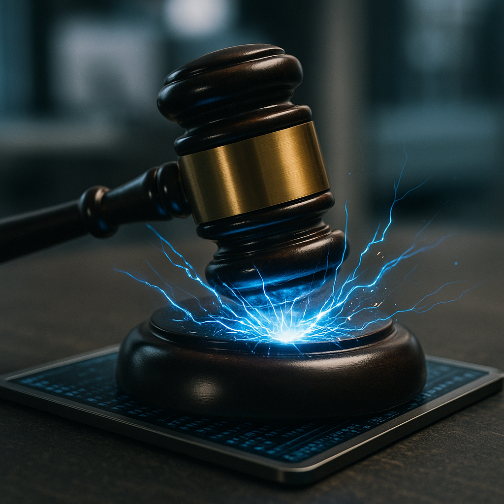 a courtroom gavel striking sparks of electric blue energy over a digital ledger