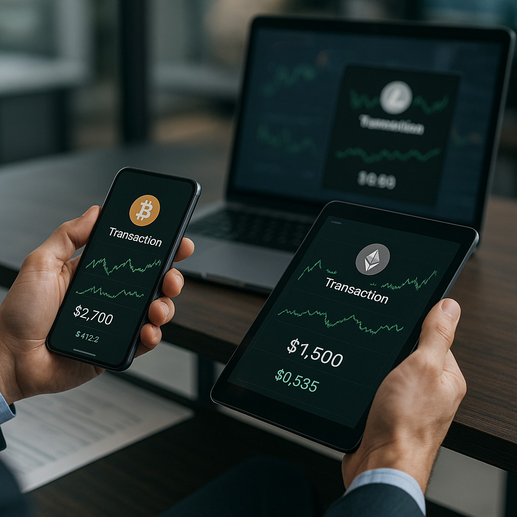 hands holding digital devices displaying crypto transactions