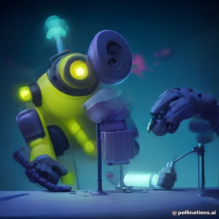 A quirky robot struggling but determinedly attempting to mix chemicals in a lab setting