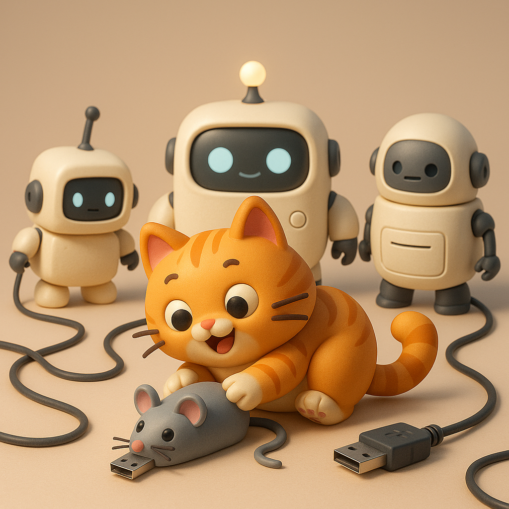 a cat playing with a mouse-shaped USB drive surrounded by wires