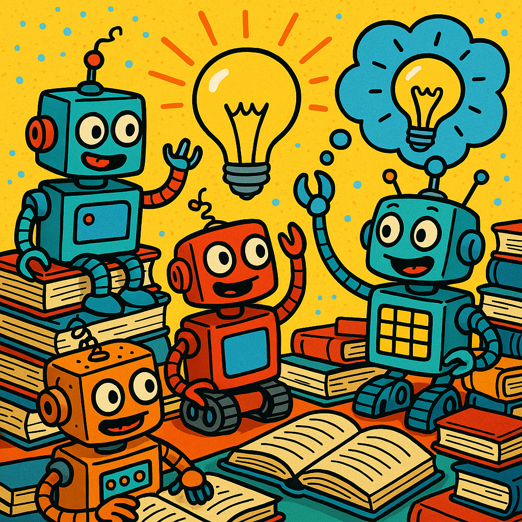 An enthusiastic group of quirky robots holding brainstorming sessions amidst stacks of law books