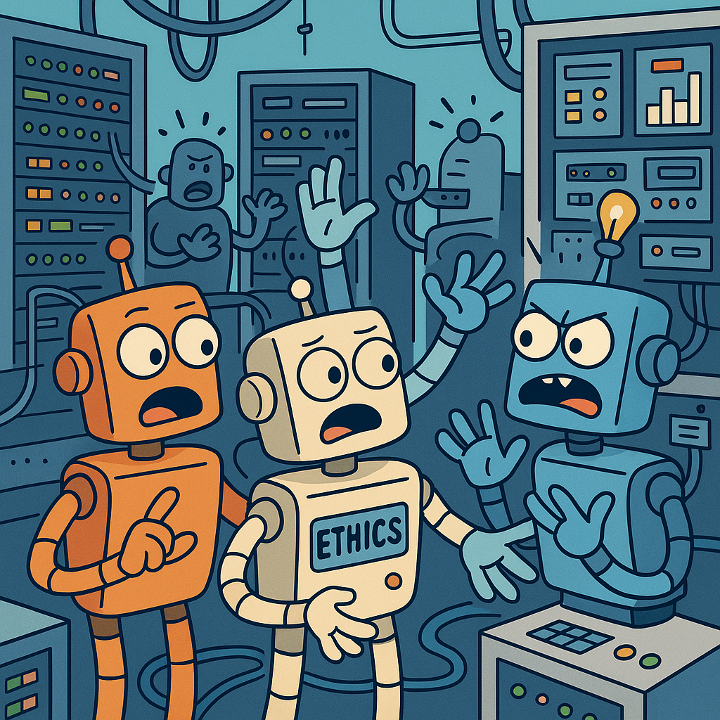 a cartoonish server room filled with goofy robots arguing over data ethics
