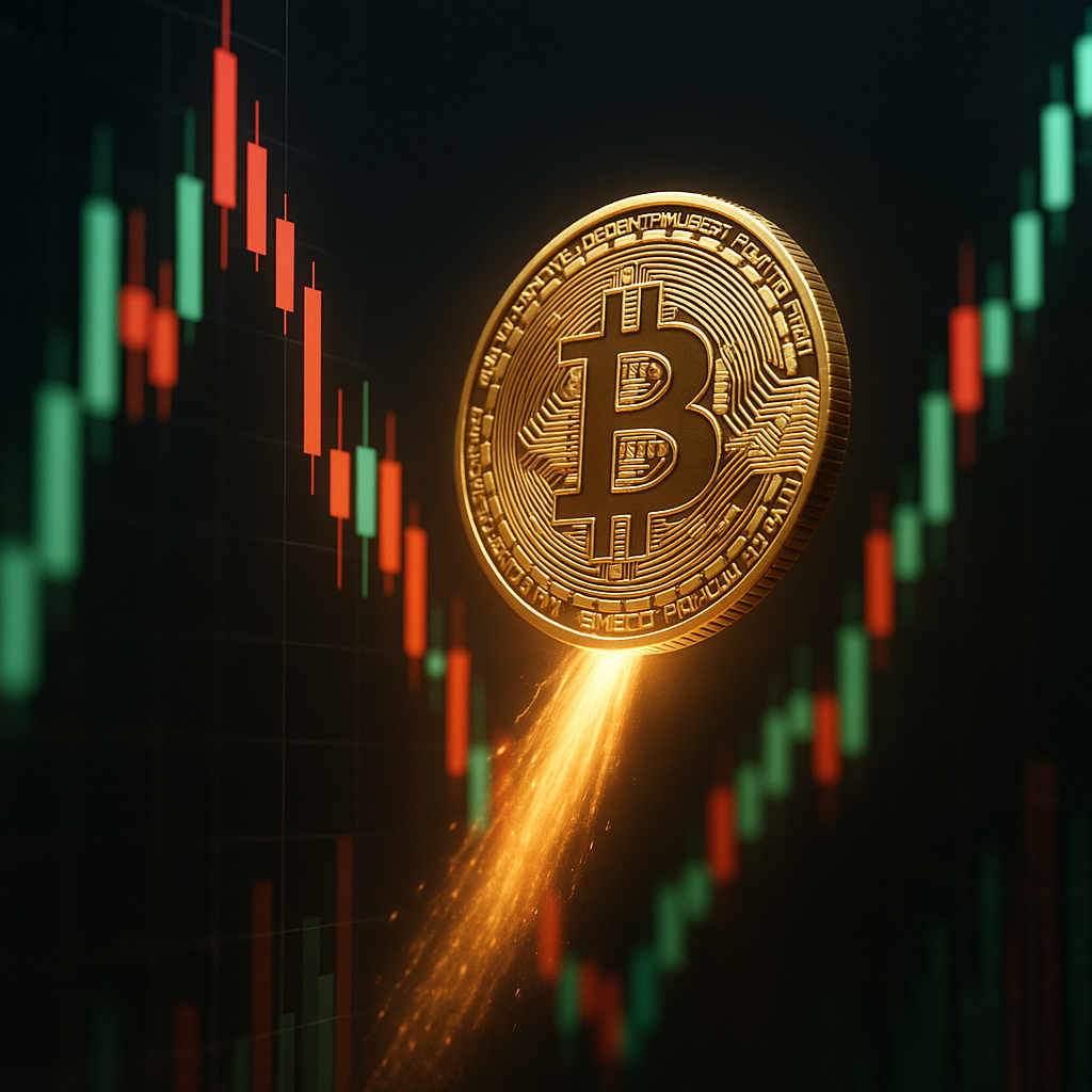A glowing golden bitcoin rocketing through a neon-lit canyon of price candles