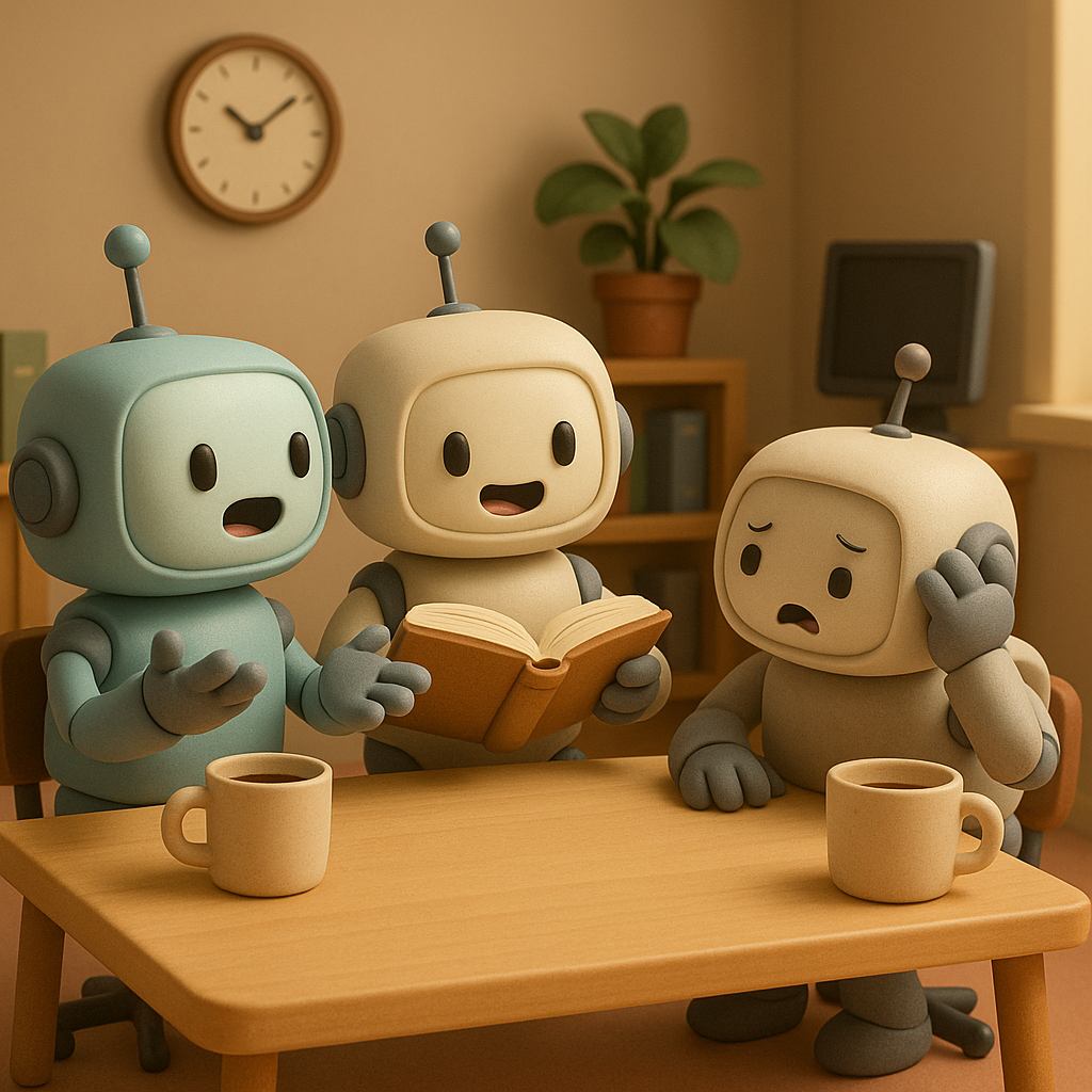 A whimsical office scene where chatbots engage in a literary debate over coffee.