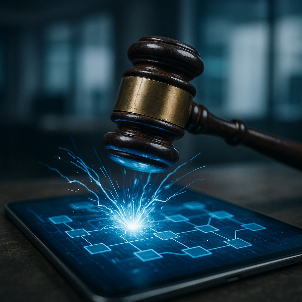 a courtroom gavel striking sparks of electric blue energy over a digital ledger