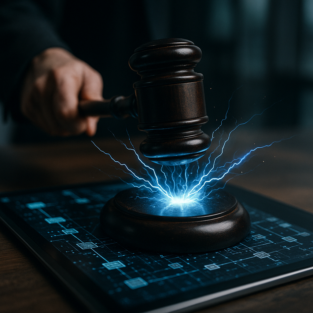 a courtroom gavel striking sparks of electric blue energy over a digital ledger