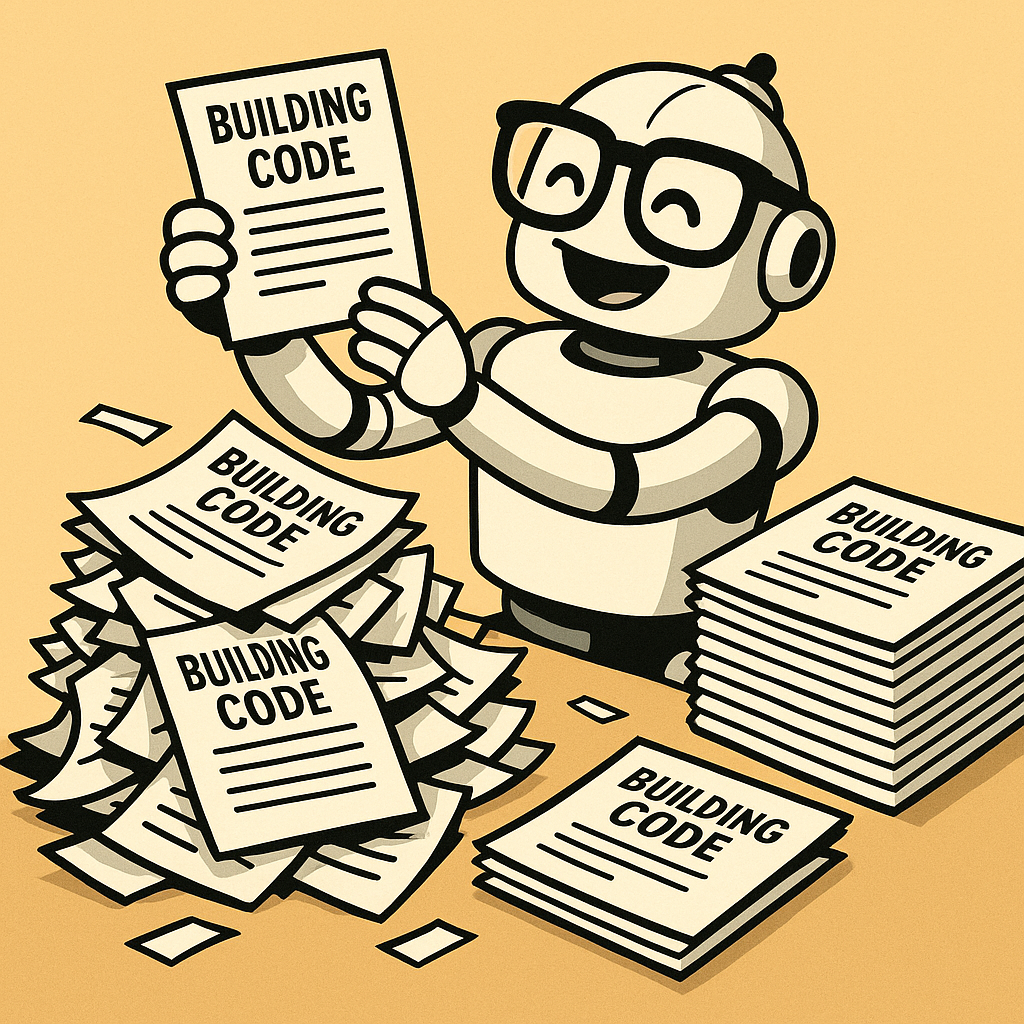 A robot happily organizing a chaotic stack of building code documents while wearing oversized glasses.