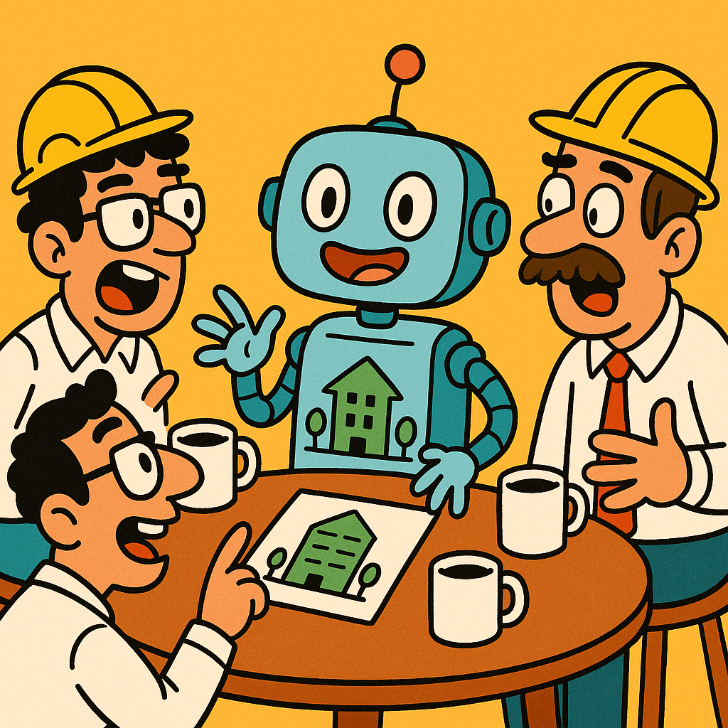 A quirky chatbot cheerfully debating with engineers about green buildings over coffee.