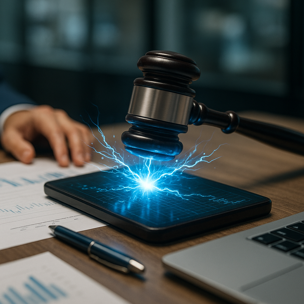 A courtroom gavel striking sparks of electric blue energy over a digital ledger.