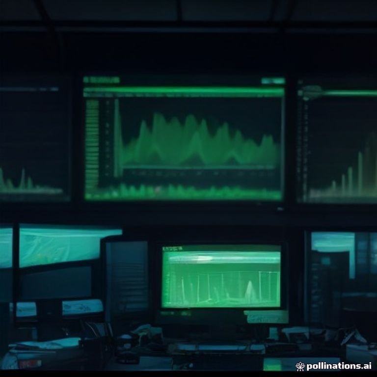 A bustling cryptocurrency trading desk with monitors displaying green price charts and graphs, vibrant screens illuminating the room filled 