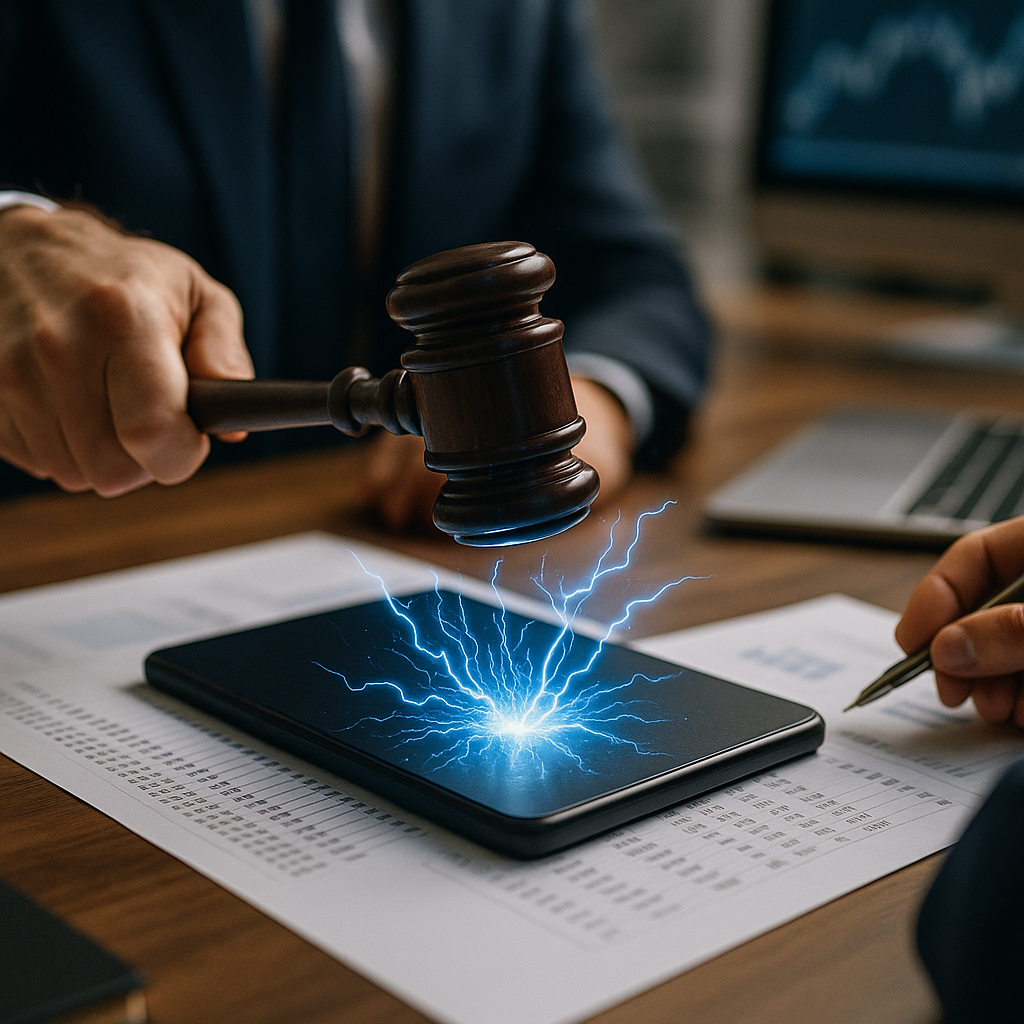 A courtroom gavel striking sparks of electric blue energy over a digital ledger