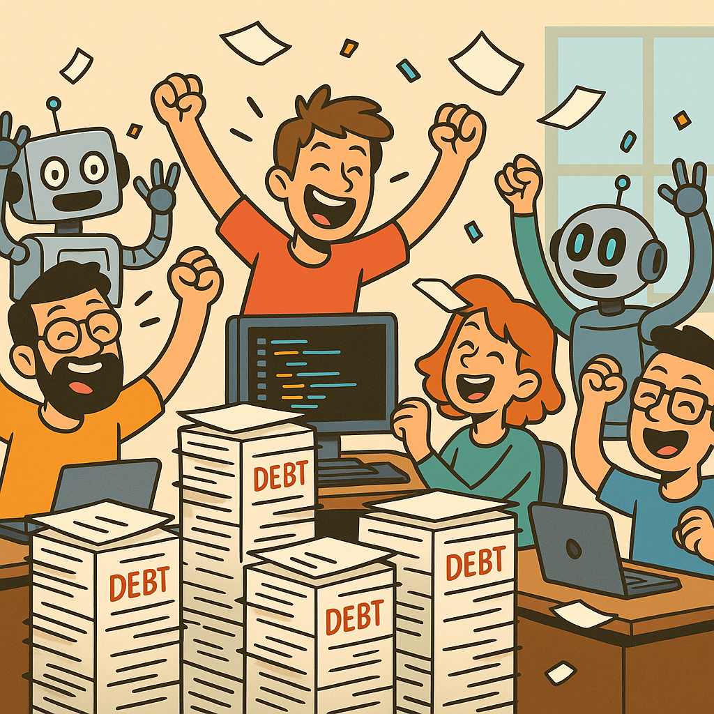 A cartoonish office chaos where overly excited developers celebrate behind stacks of debt-laden paperwork.