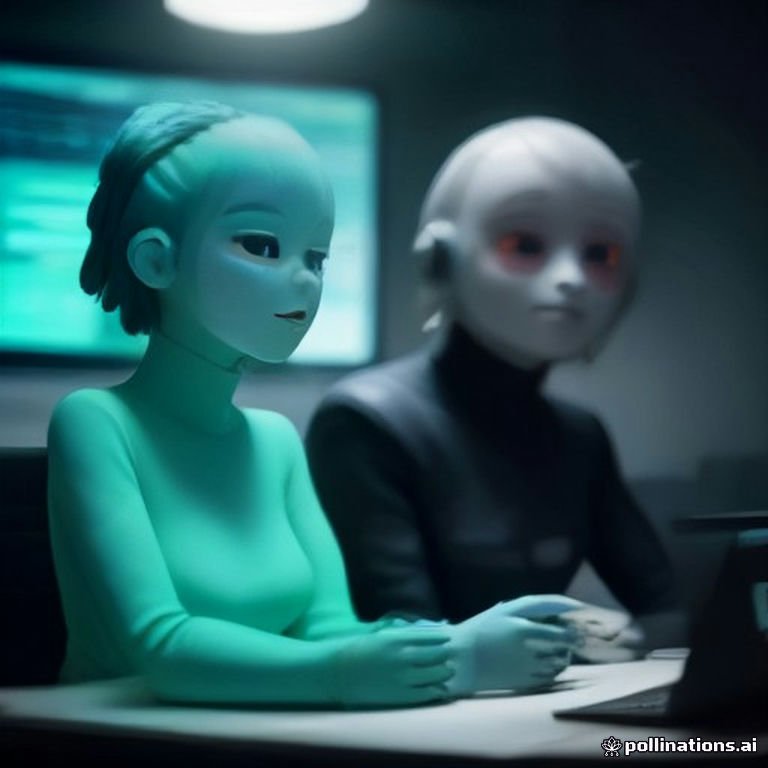 A humorous sci-fi scene where chatbots nervously discuss market trends while sipping coffee at their desktop stations.