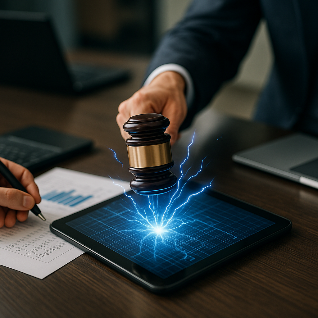 A courtroom gavel striking sparks of electric blue energy over a digital ledger