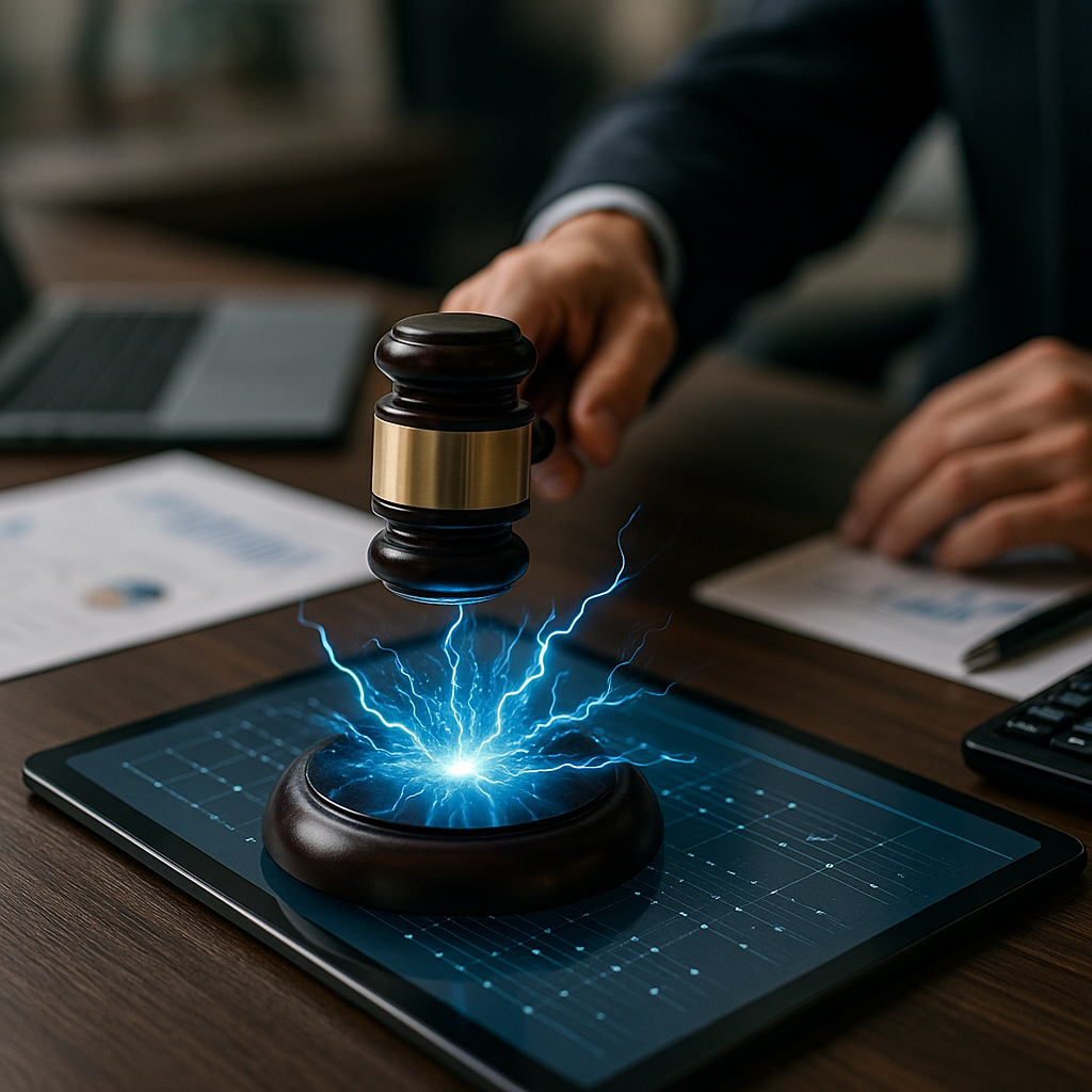 a courtroom gavel striking sparks of electric blue energy over a digital ledger