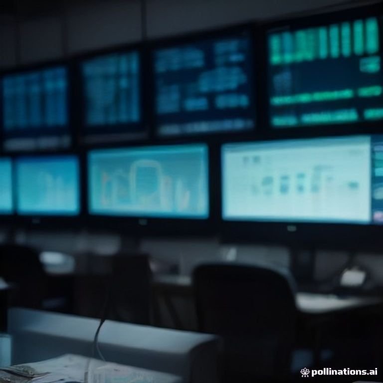 a busy crypto trading desk filled with screens showing various cryptocurrencies' prices
