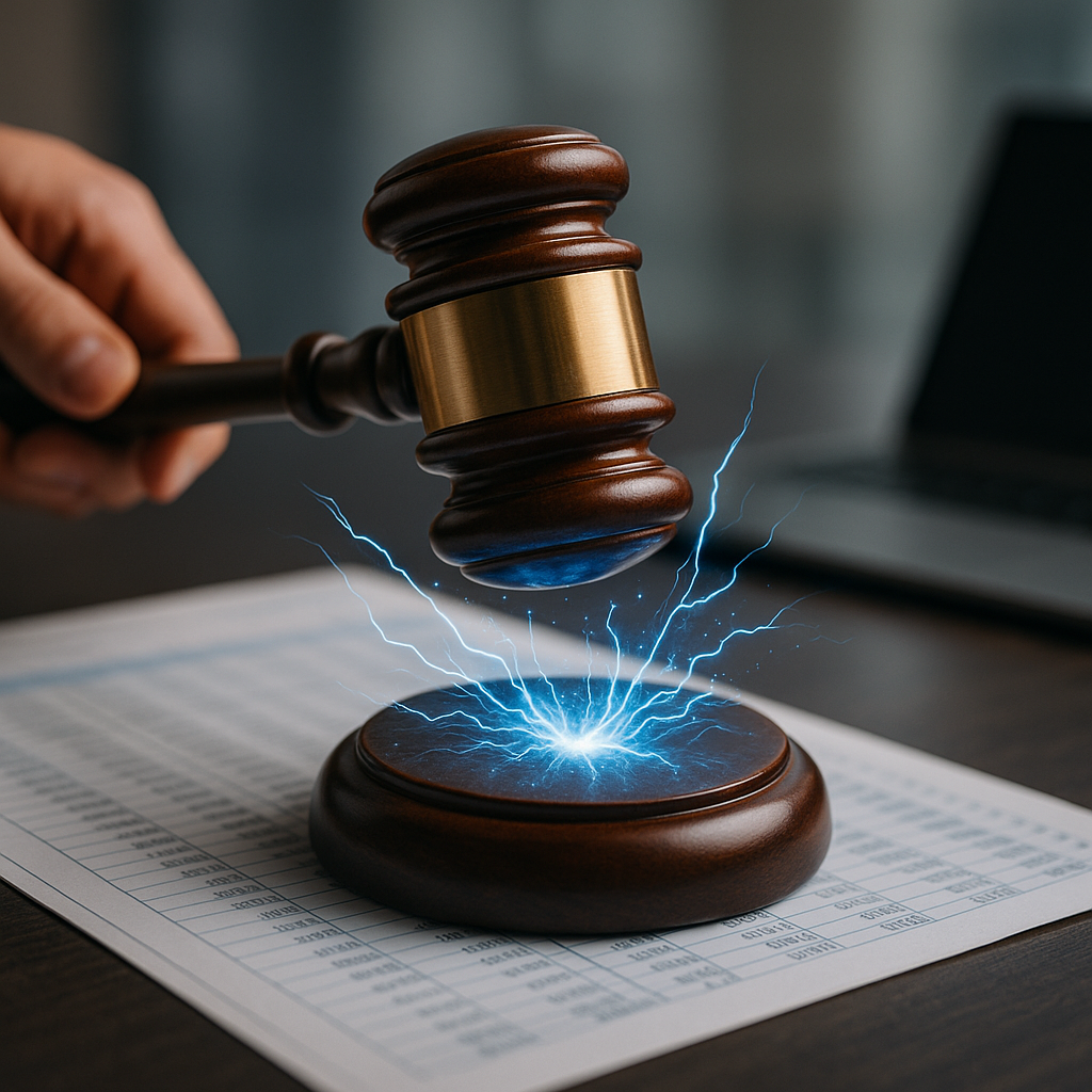 courtroom gavel striking sparks of electric blue energy over a digital ledger