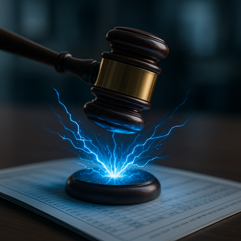A courtroom gavel striking sparks of electric blue energy over a digital ledger