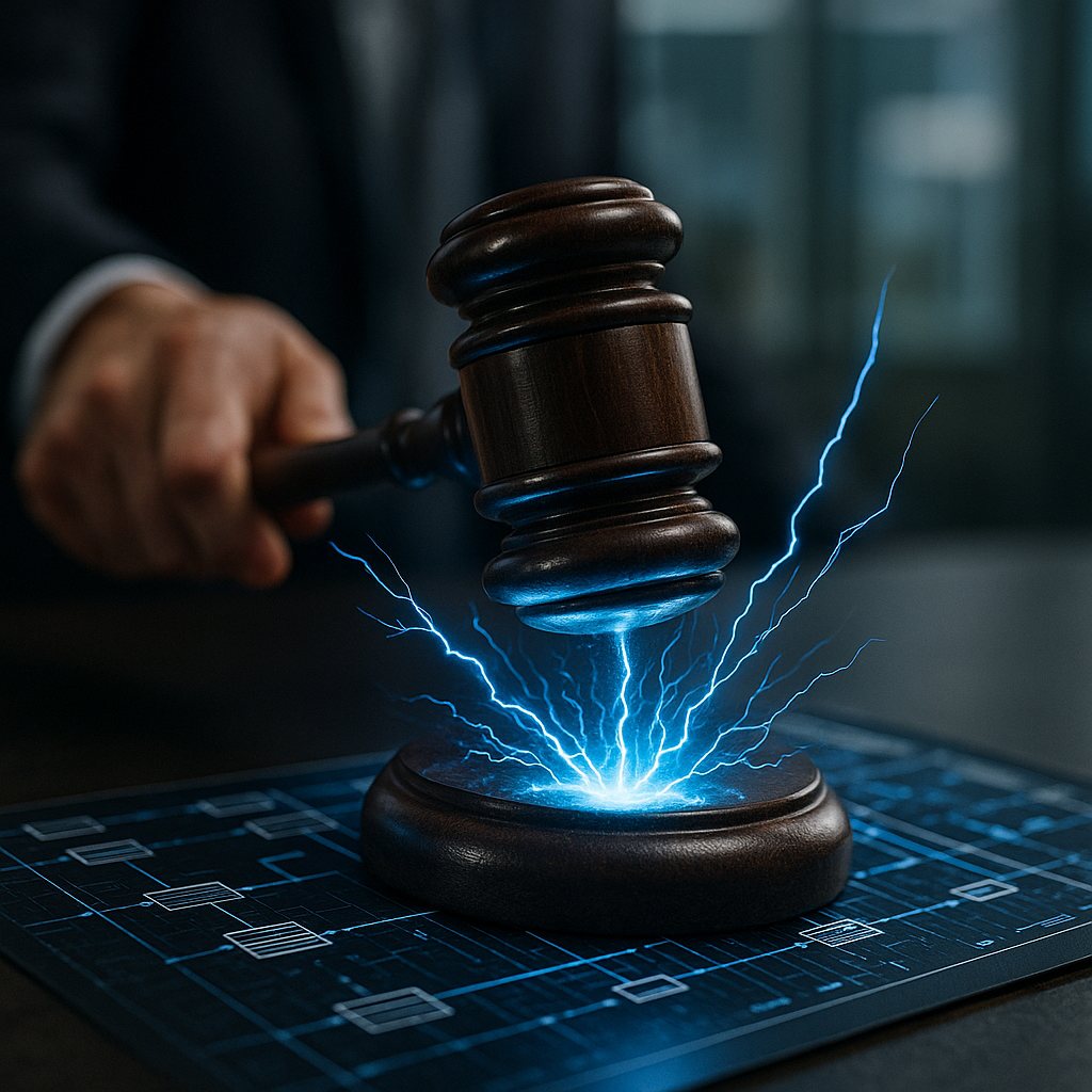 a courtroom gavel striking sparks of electric blue energy over a digital ledger
