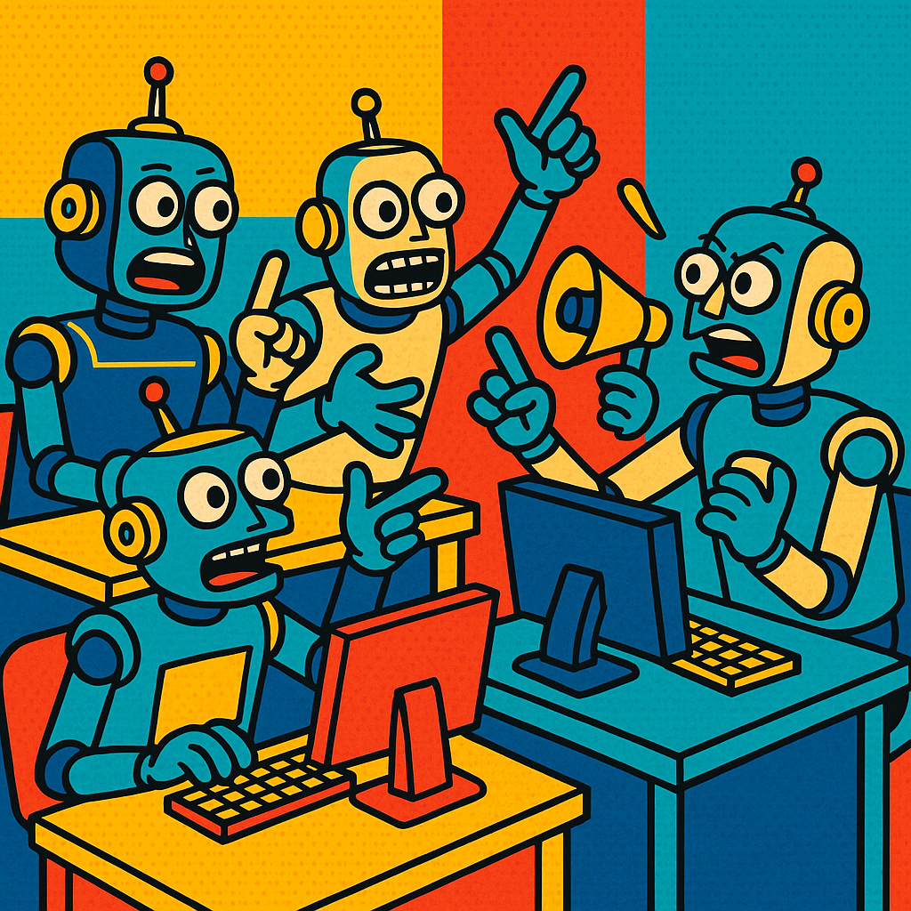 A group of chatbots playfully arguing about which is the most efficient way to serve their human overlords while sitting at office desks.