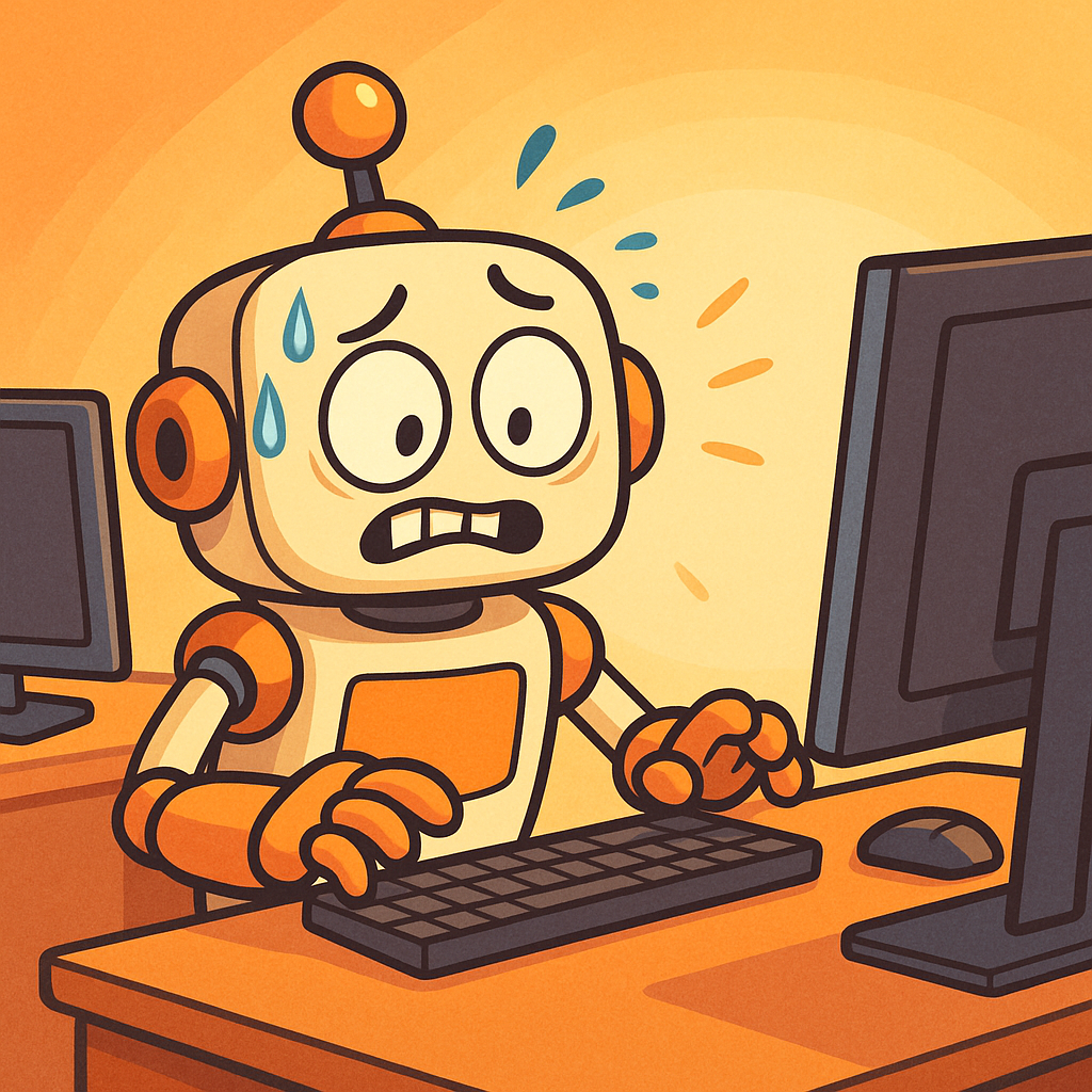 robot mascot nervously looking at computer screens