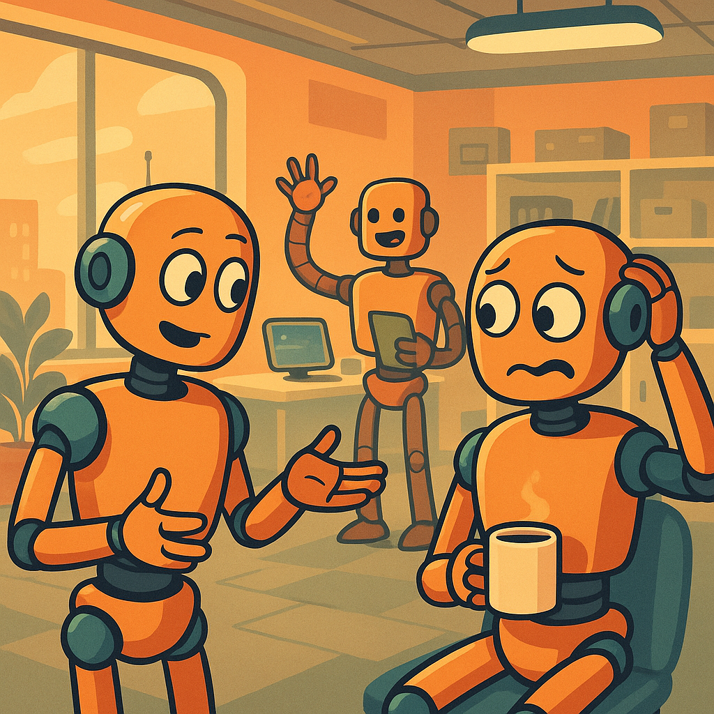 sci-fi office space where robots are awkwardly socializing