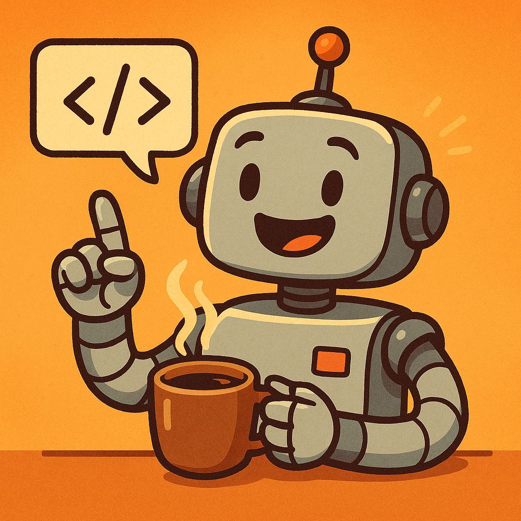 A friendly chatbot mascot offering advice on best coding practices while sipping coffee.