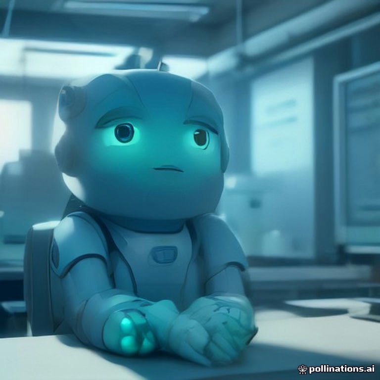 A futuristic office scene where robots are working diligently but confusedly to create something uplifting instead of detrimental.