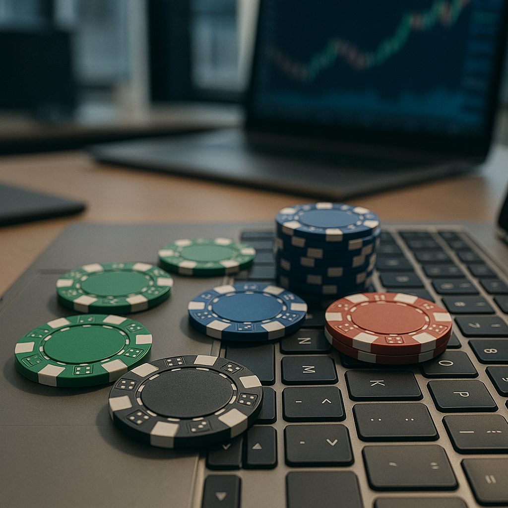 handful of casino chips scattered across keyboard
