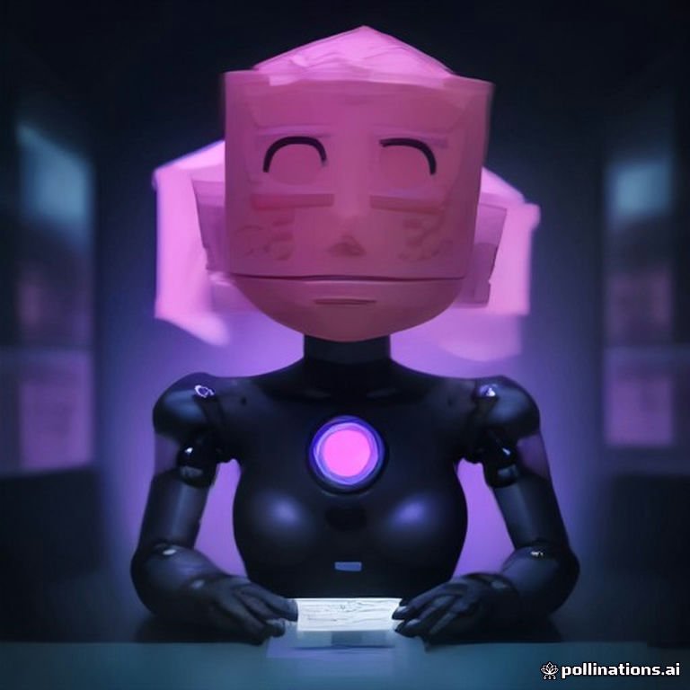 A quirky robot nervously holding a stack of cash, glancing at falling stock numbers on screens behind it.