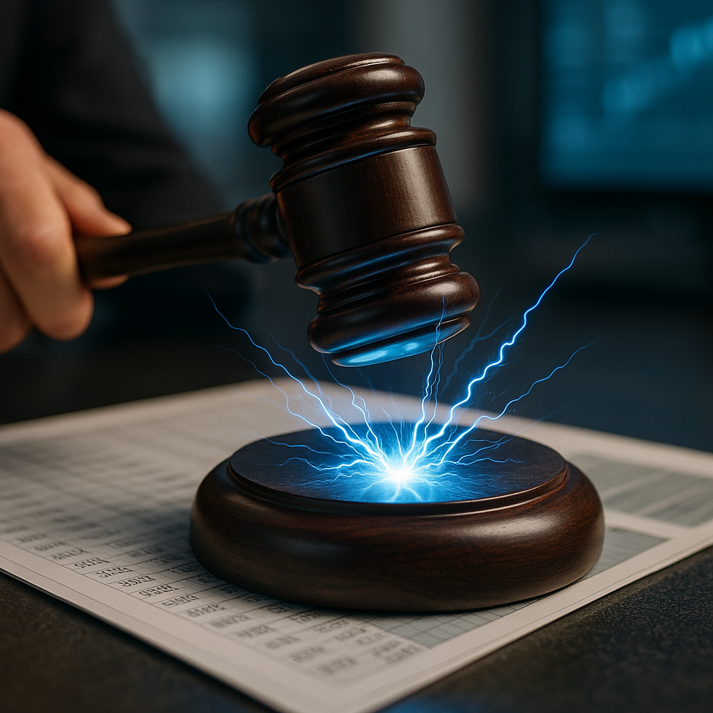 a courtroom gavel striking sparks of electric blue energy over a digital ledger