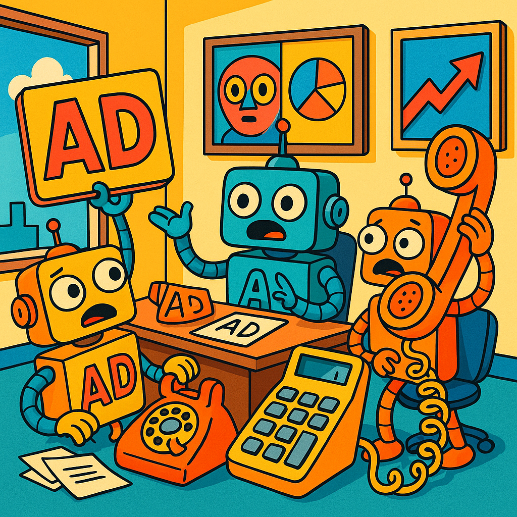 A whimsical scene inside an office with quirky AI assistants struggling to sell ads next to colorful art prints.