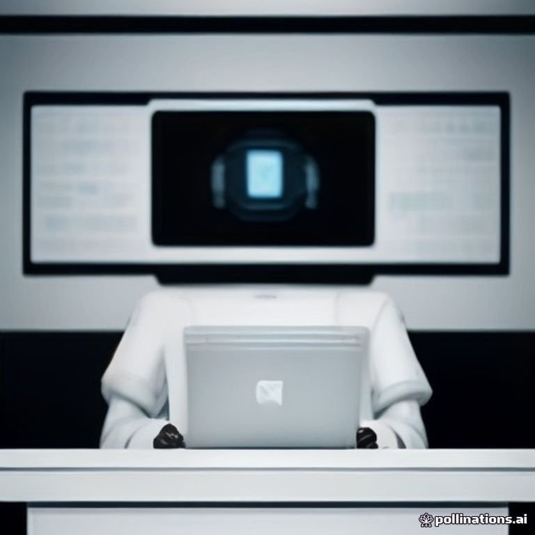 An exaggerated picture showing tired robots scrolling through social media feeds filled with ads instead of artwork.