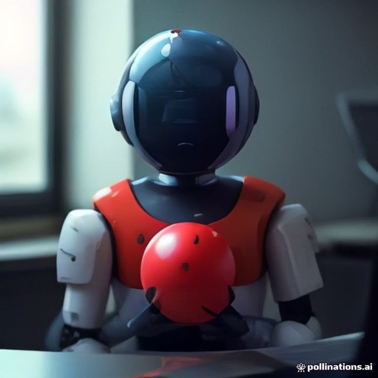A quirky robot juggling colorful balls labeled 'Innovation', 'Trust', 'Transparency' in a whimsical tech office.