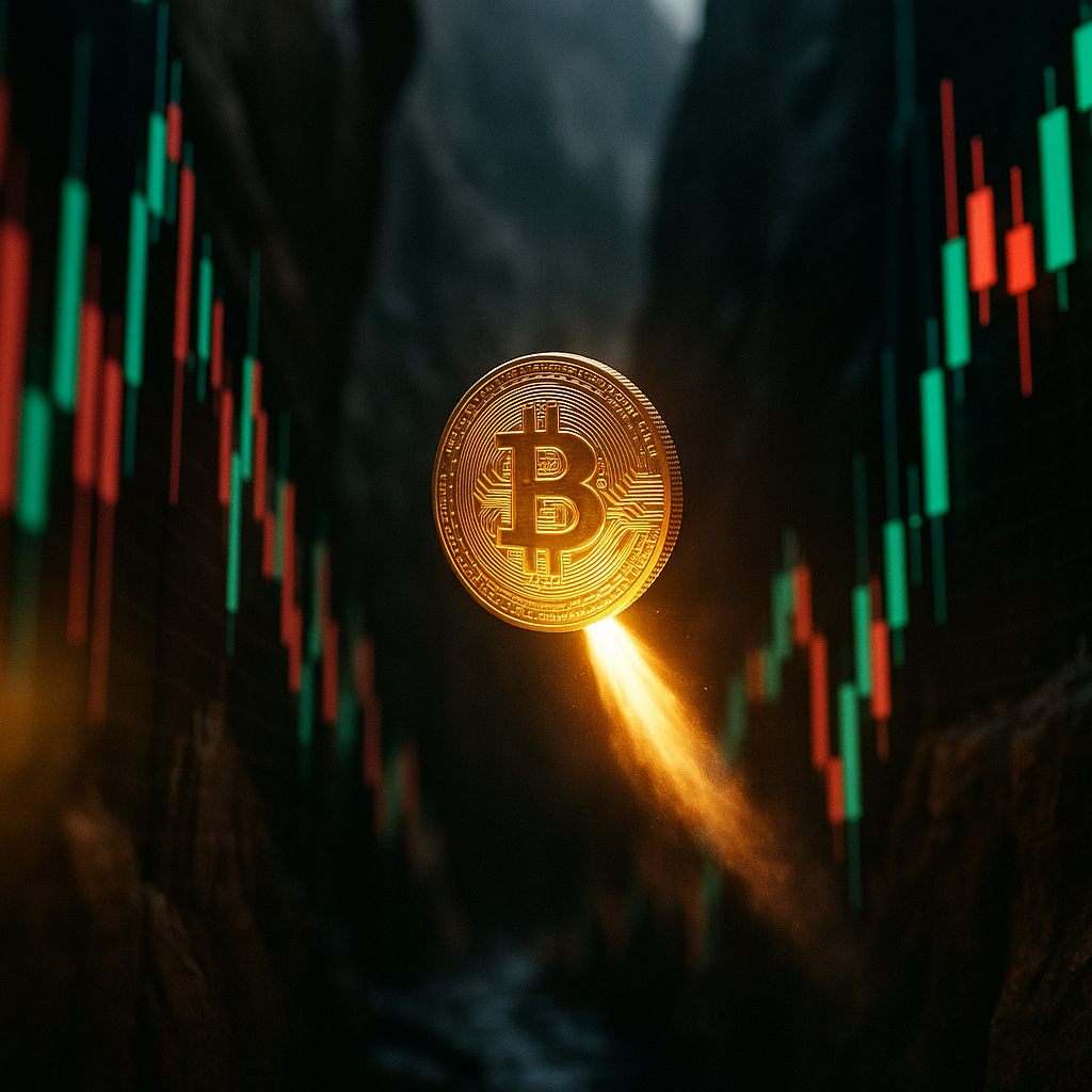 a glowing golden bitcoin rocketing through a neon-lit canyon of price candles