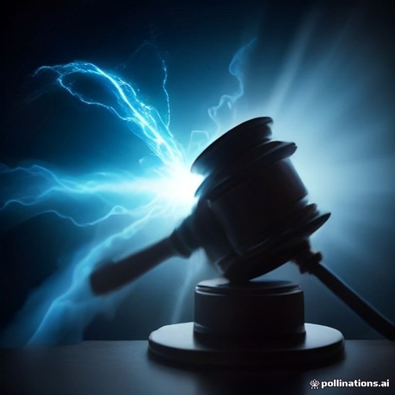 a courtroom gavel striking sparks of electric blue energy over a digital ledger