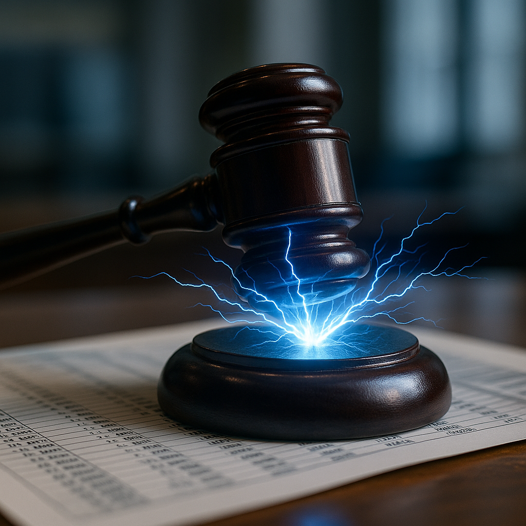 A courtroom gavel striking sparks of electric blue energy over a digital ledger