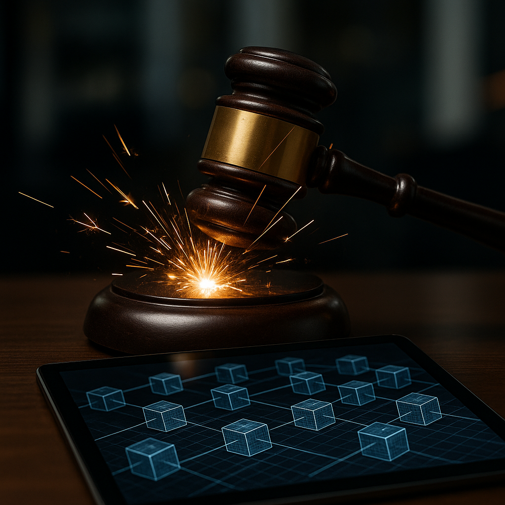 courtroom gavel striking sparks over a digital ledger