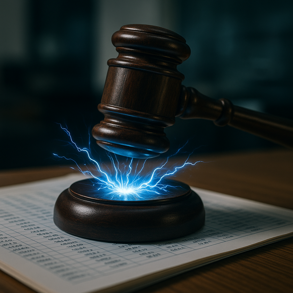 A courtroom gavel striking sparks of electric blue energy over a digital ledger
