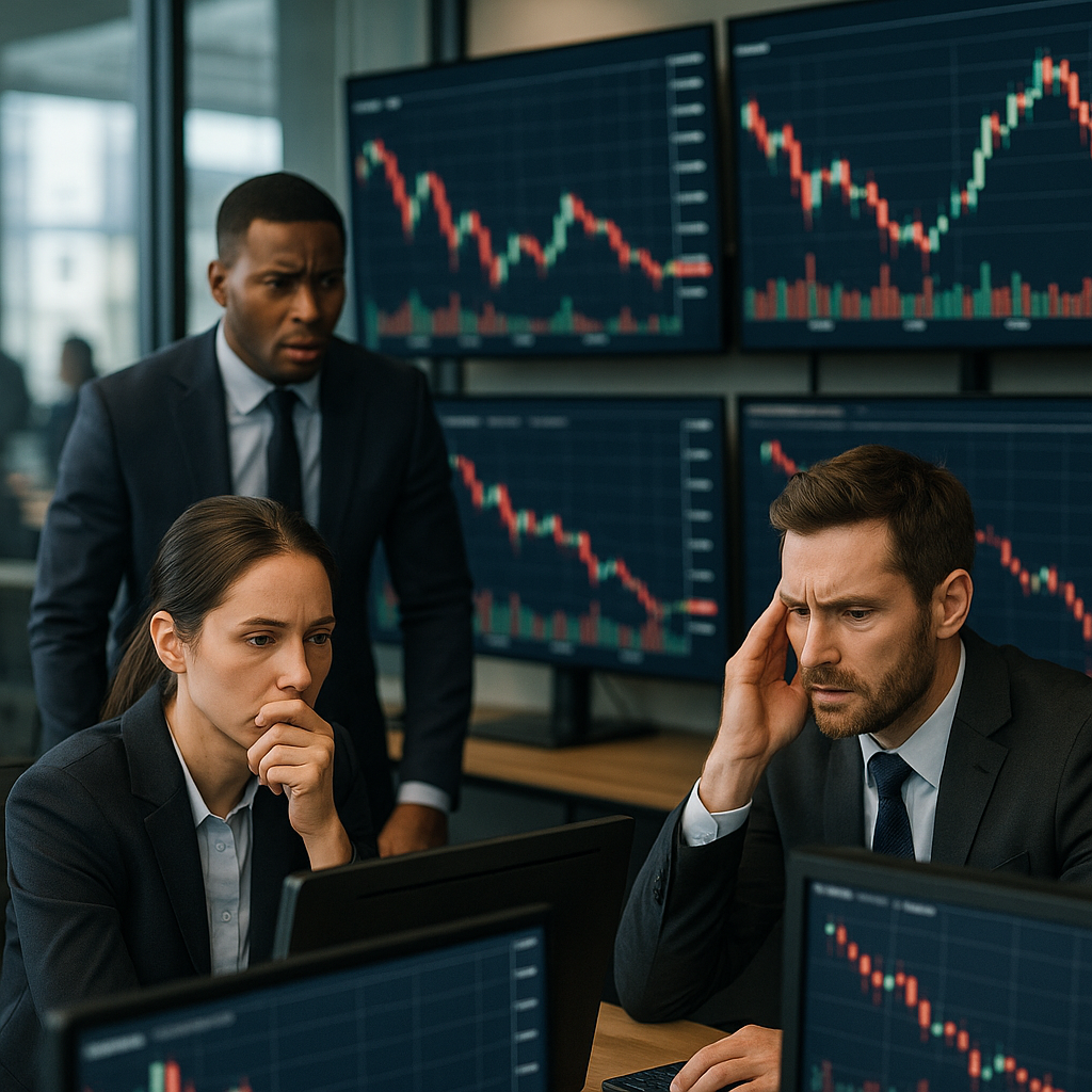Trading floor monitors showing fluctuating prices alongside trader reactions