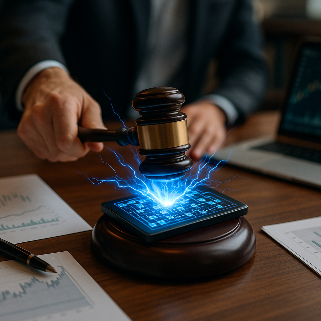 A courtroom gavel striking sparks of electric blue energy over a digital ledger