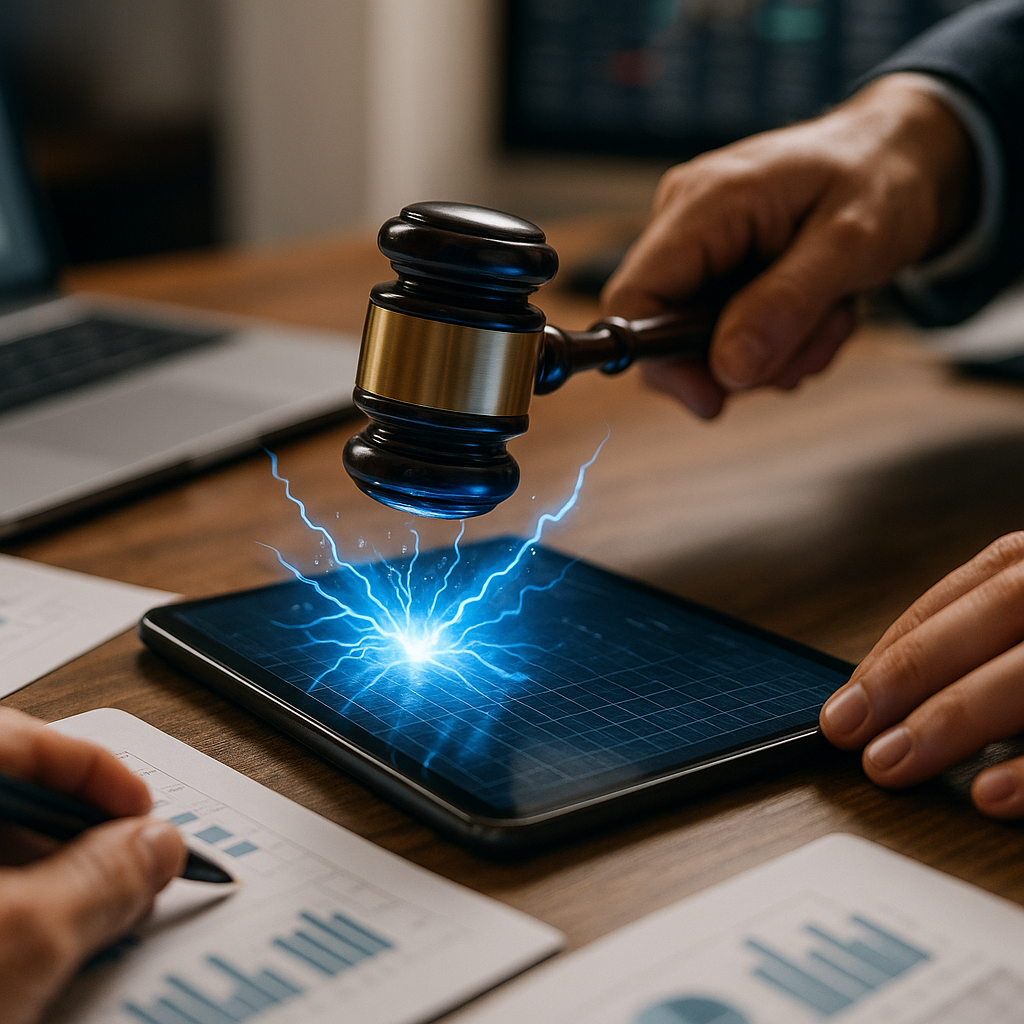 a courtroom gavel striking sparks of electric blue energy over a digital ledger