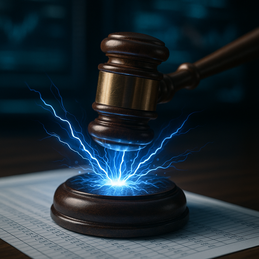 a courtroom gavel striking sparks of electric blue energy over a digital ledger