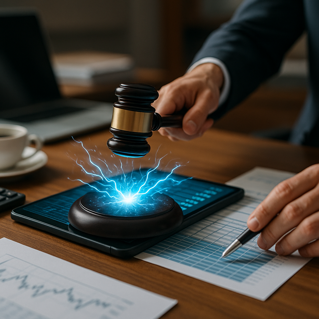 courtroom gavel striking sparks of electric blue energy over a digital ledger
