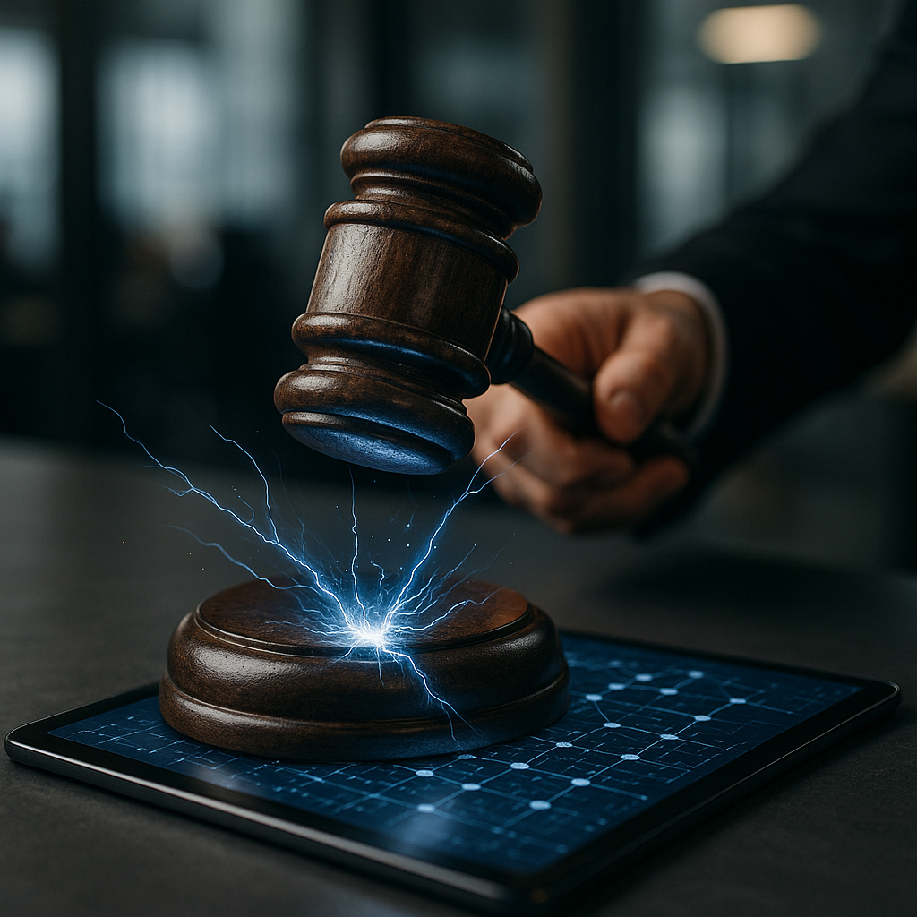 A courtroom gavel striking sparks of electric blue energy over a digital ledger