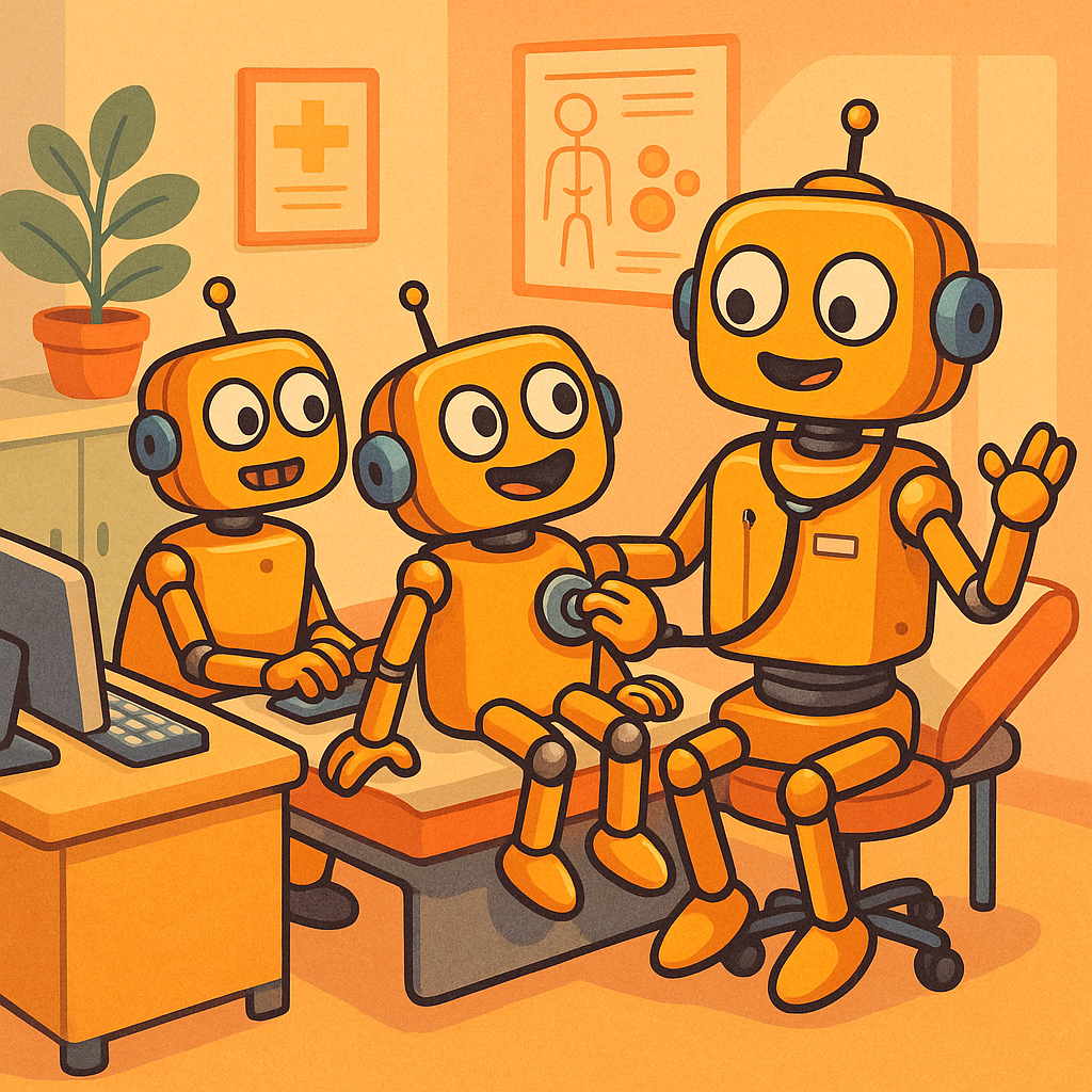 playful robots collaborating in a whimsical digital doctor's office