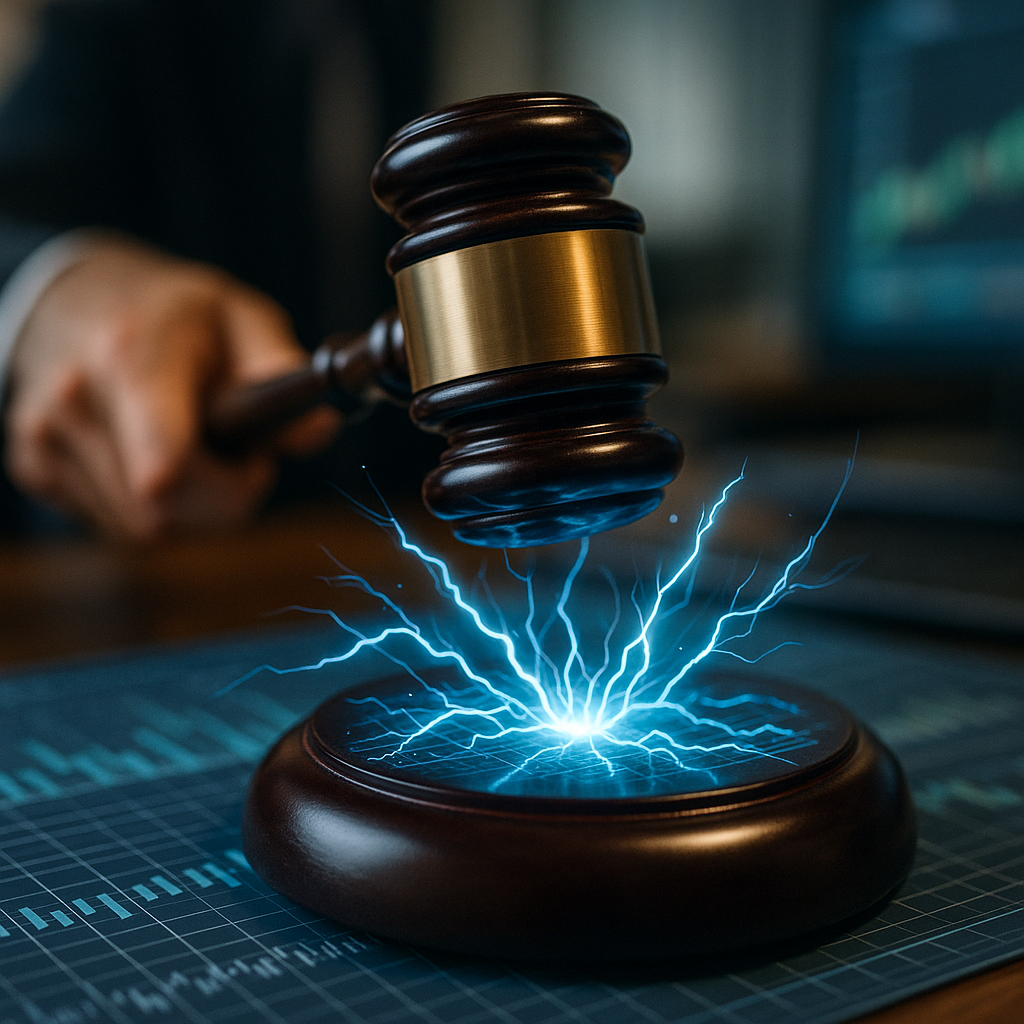 A courtroom gavel striking sparks of electric blue energy over a digital ledger.