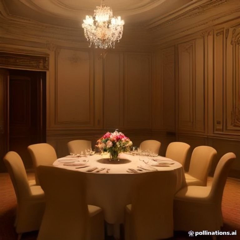 A lavish dinner setting with elegant table arrangements, soft candlelight reflecting on golden plates, surrounded by people discussing crypt
